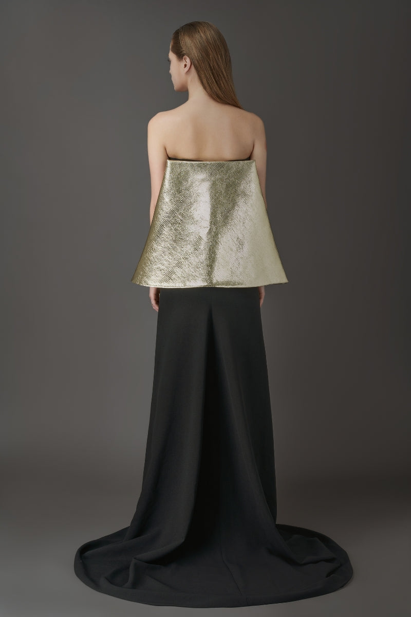 BLACK MAXI DRESS WITH CRYSTAL EMBROIDERED AND GOLD DETACHABLE CAPE - CULT MIA
