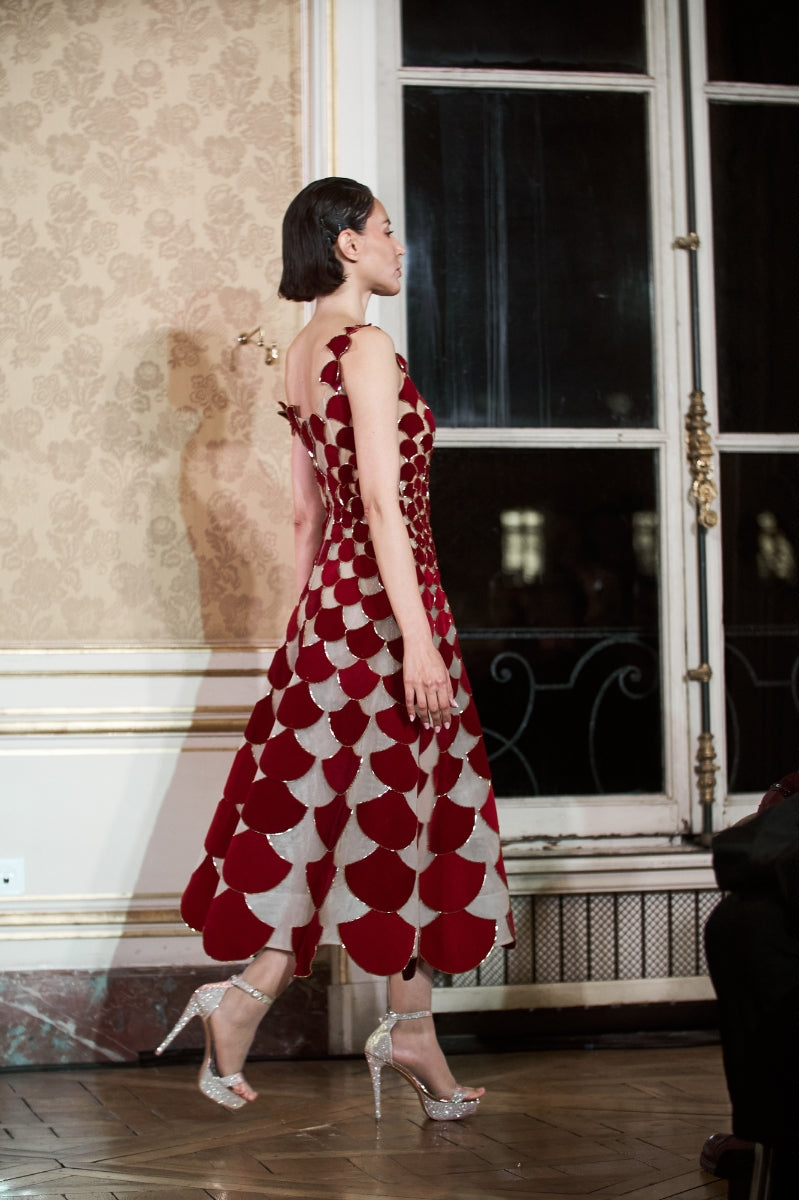 Phan Huy A-Line Sheer Tulle Dress with Red Velvet Fabric Cuts | Cult Mia Phan Huy A-Line Sheer Tulle Dress with Red Velvet Fabric Cuts | Cult Mia