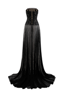 Black beaded sheer gown by CEM featuring intricate beadwork and a flowing, transparent fabric design.