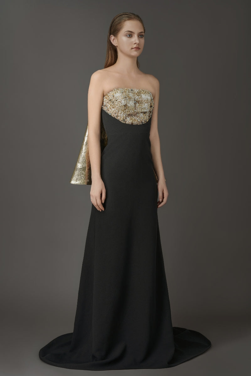BLACK MAXI DRESS WITH CRYSTAL EMBROIDERED AND GOLD DETACHABLE CAPE | CULT MIA | Phan Huy BLACK MAXI DRESS WITH CRYSTAL EMBROIDERED AND GOLD DETACHABLE CAPE | CULT MIA | Phan Huy