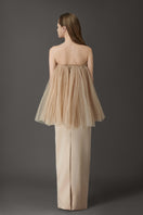 Phan Huy nude pleated top and pencil skirt co-ord set, stylish matching outfit with pleats and fitted silhouette for women.