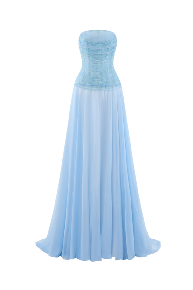 STRAPLESS CORSET SILK GOWN IN BLUE - CULT MIA