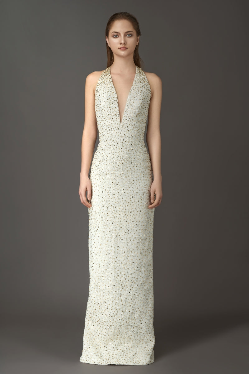 DEEP V-NECK ELEGANT DRESS WITH HAND EMBROIDERED GOLD SEQUINS - CULT MIA
