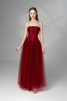 Red drop waist mesh maxi dress by Happy Clothing featuring a flowing gown with a fitted bodice and elegant design.