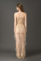 Sheer nude silk gown with intricate embroidered details by Phan Huy, flowing and elegant for special occasions.