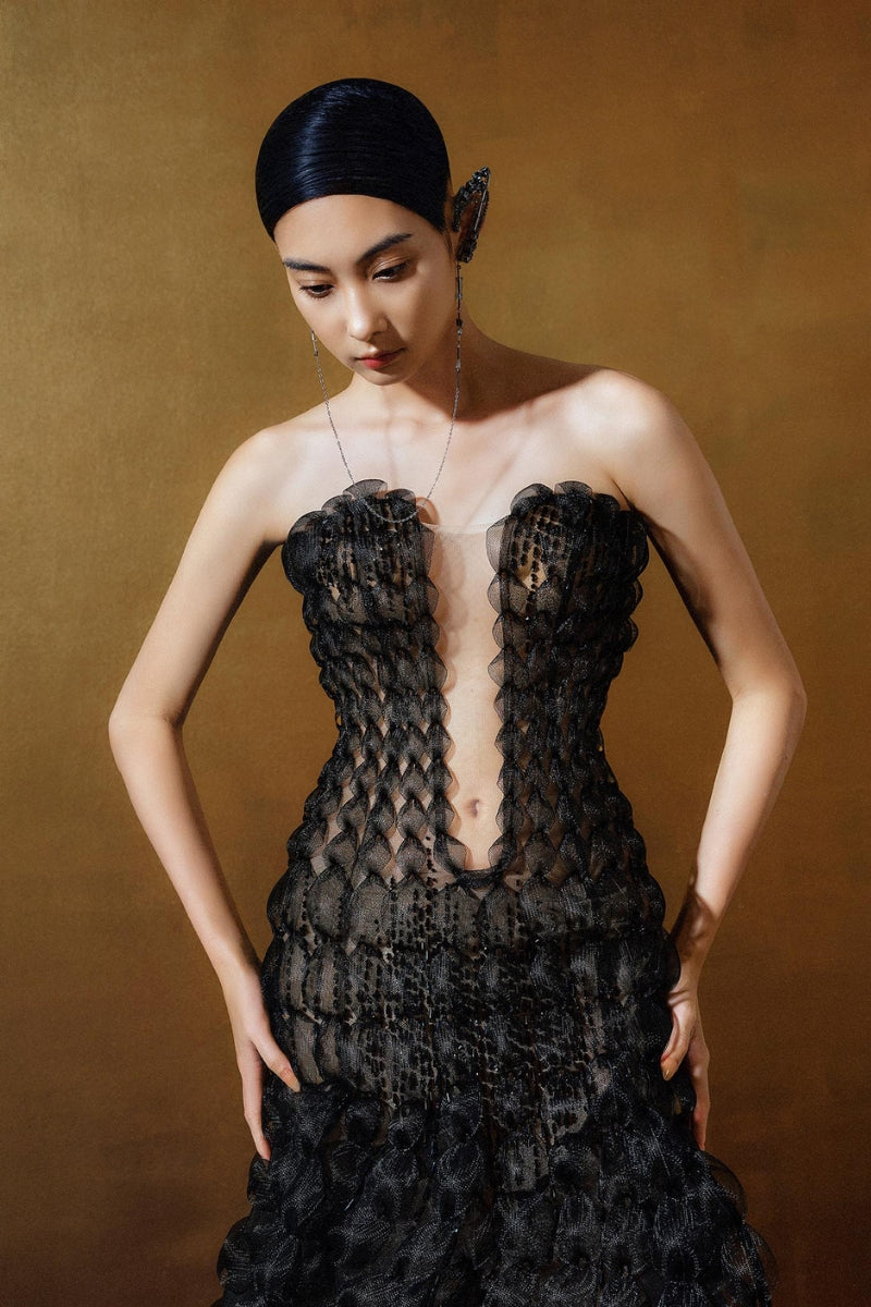 BLACK SHEER TULLE DRESS WITH 3D DETAILS - CULT MIA
