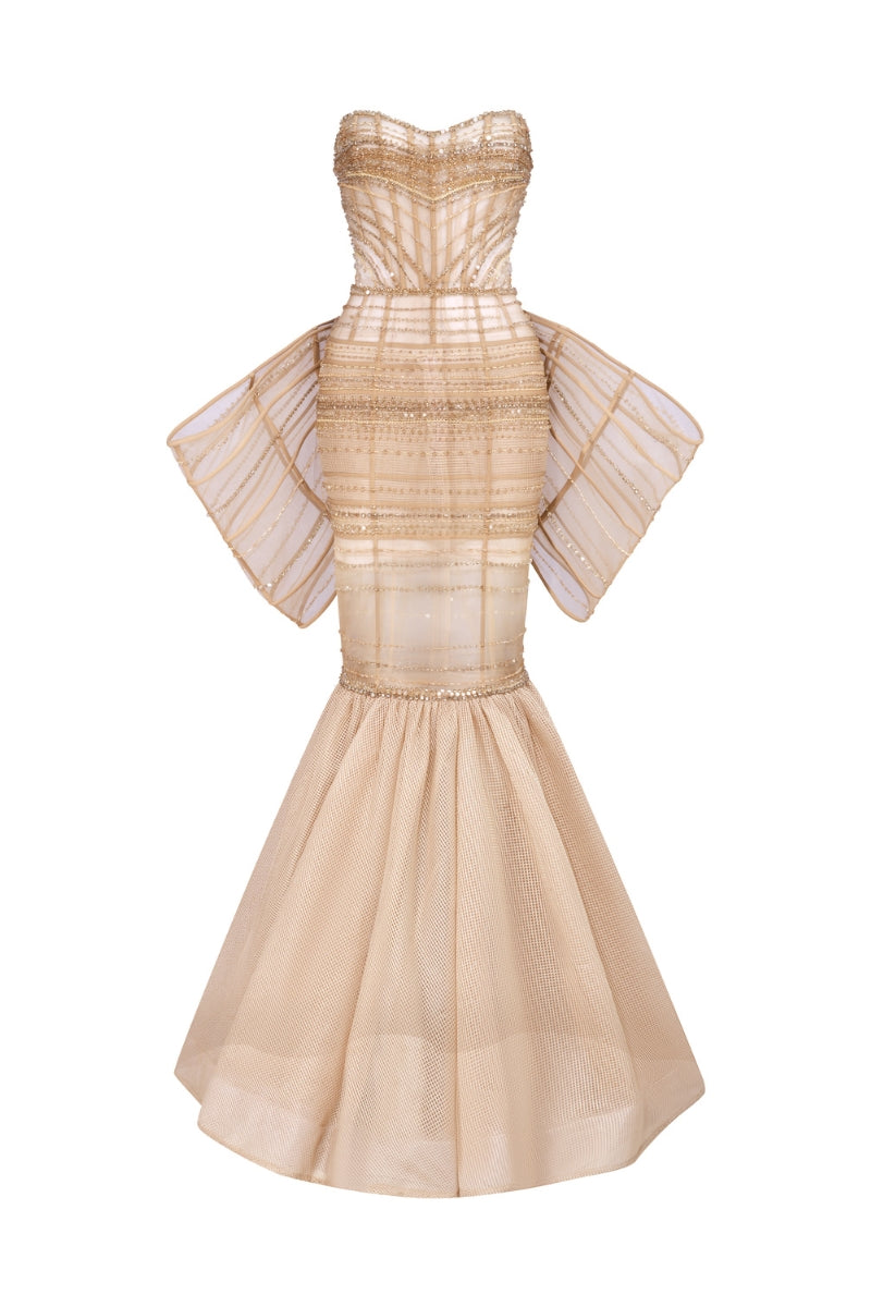 BEIGE CRYSTAL-EMBROIDERED TULLE MERMAID DRESS - CULT MIA
