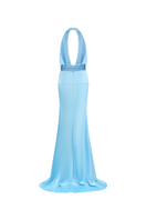 CEM velvet drape blue gown with flowing fabric and elegant design, shown on a mannequin against a neutral background.