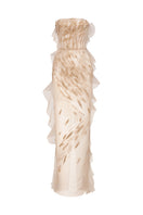 Sheer nude silk gown with intricate embroidery by Phan Huy, flowing design perfect for elegant occasions.