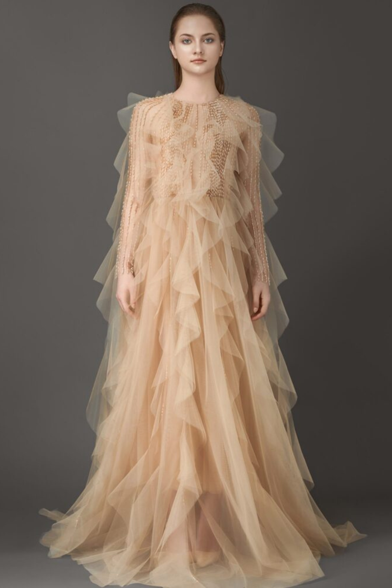 ETHEREAL RUFFLED TULLE GOWN WITH BEADED ELEGANCE - CULT MIA