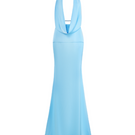 CEM velvet drape blue gown with flowing fabric and elegant design, showcased on a mannequin in a well-lit setting.