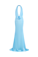 CEM velvet drape blue gown with flowing fabric and elegant design, showcased on a mannequin in a well-lit setting.