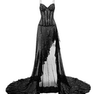 Black Starburst high-low gown by CEM featuring a flowing design and bold starburst pattern, showcased on a mannequin.