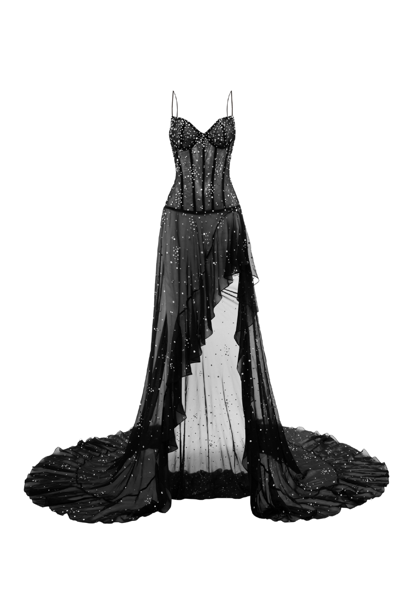 Black Starburst high-low gown by CEM featuring a flowing design and bold starburst pattern, showcased on a mannequin.