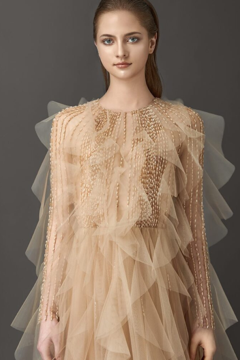 ethereal dresses ETHEREAL RUFFLED TULLE GOWN WITH BEADED ELEGANCE | CULT MIA