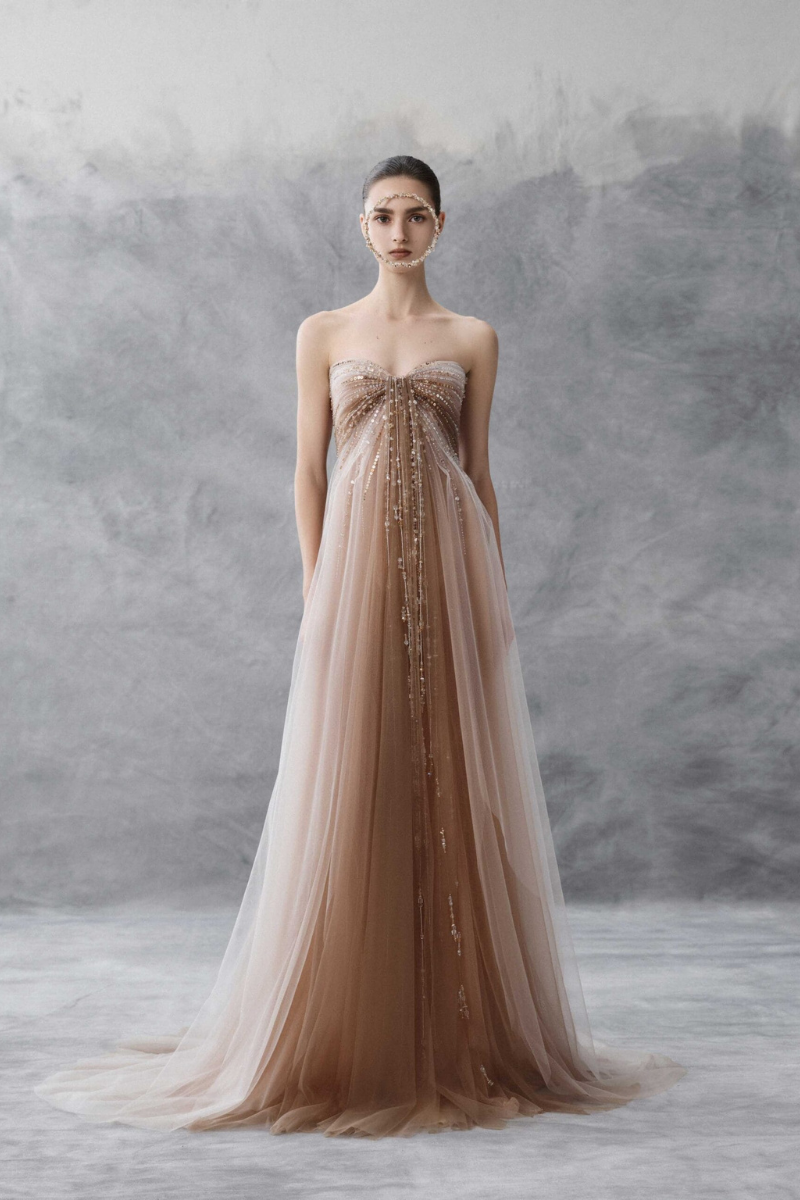 TULLE EMPIRE WAIST DRESS WITH DRAPING IN NUDE - CULT MIA