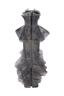 Dark gray pleated chiffon gown with crystal embroidery by Phan Huy, showcasing elegant fabric and intricate embellishments.