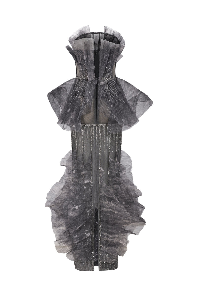 Dark gray pleated chiffon gown with crystal embroidery by Phan Huy, showcasing elegant fabric and intricate embellishments.