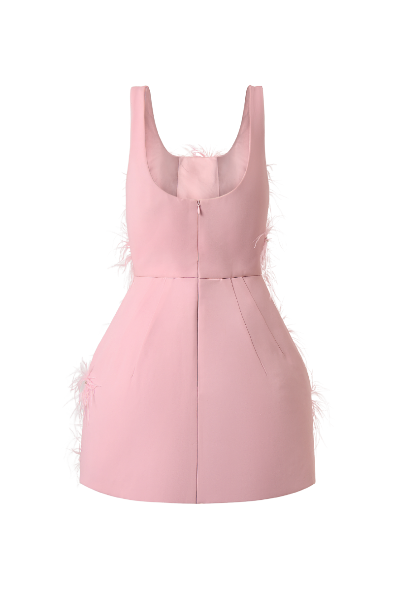 pink a line mini dress Feather Trim Mini Dress Long Sleeve Cocktail Party Dress