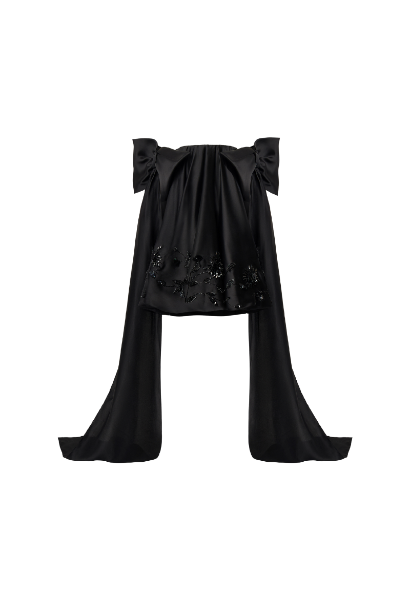 CEM embellishment off-shoulder mesh mini dress featuring decorative accents and a fitted silhouette, perfect for stylish occasions.