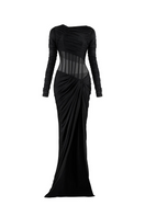 Elegant CEM slit corset waist gown featuring a fitted bodice and flowing skirt, perfect for formal occasions.