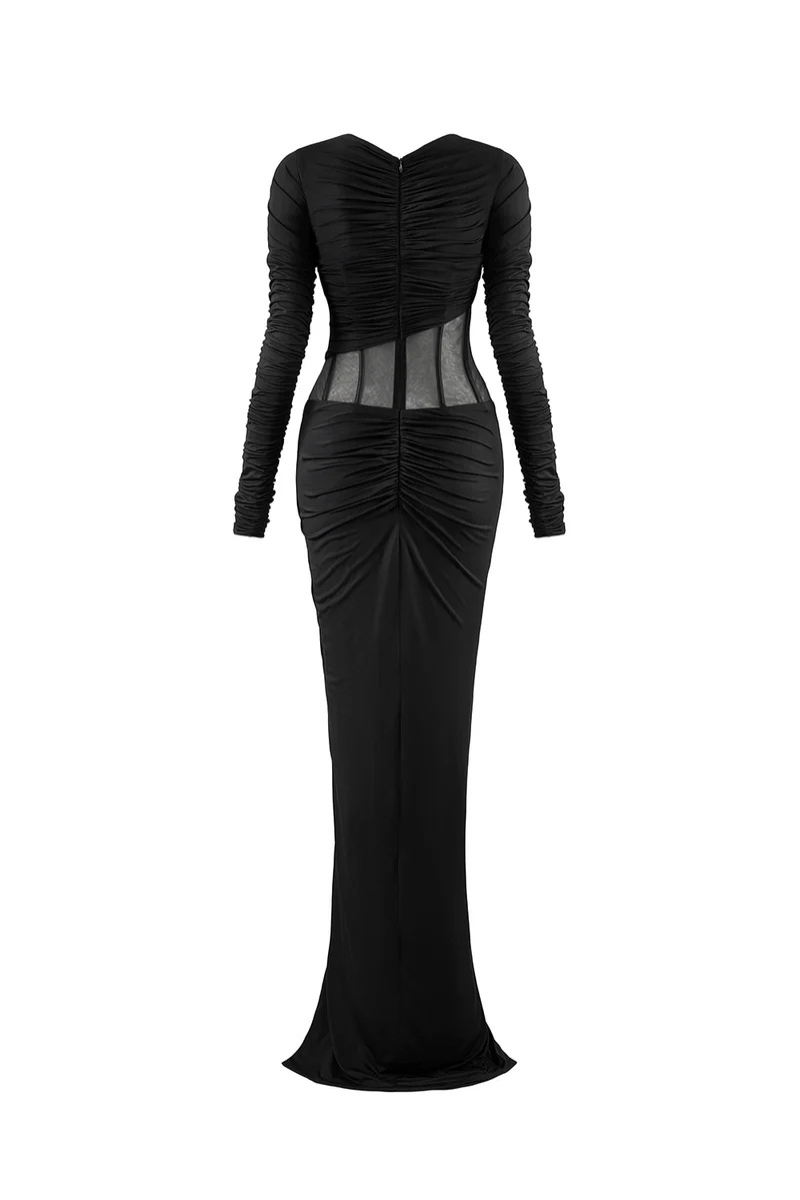 CEM slit corset waist gown featuring a flowing design and elegant silhouette, perfect for formal occasions.