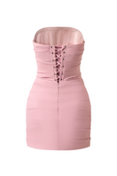 CEM Zaylee strapless draped crepe mini dress displayed on a model, showcasing its elegant design and stylish fit.