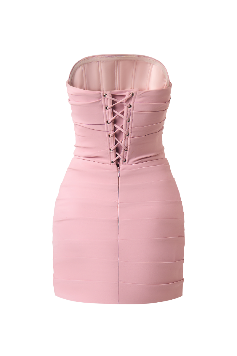 CEM Zaylee strapless draped crepe mini dress displayed on a model, showcasing its elegant design and stylish fit.