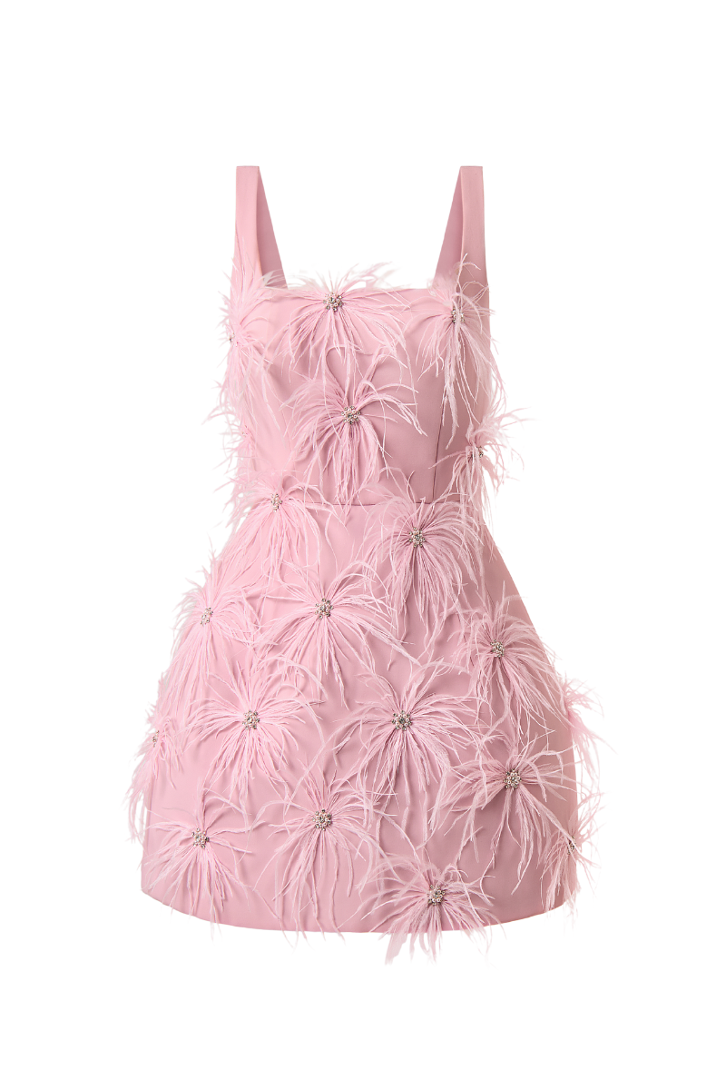 CATHERINE A-LINE STRAPPY CREPE MINI DRESS WITH FEATHERS