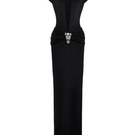 Black deep plunge gown by CEM featuring a maxi dress style with elegant brooch detail on the bodice.