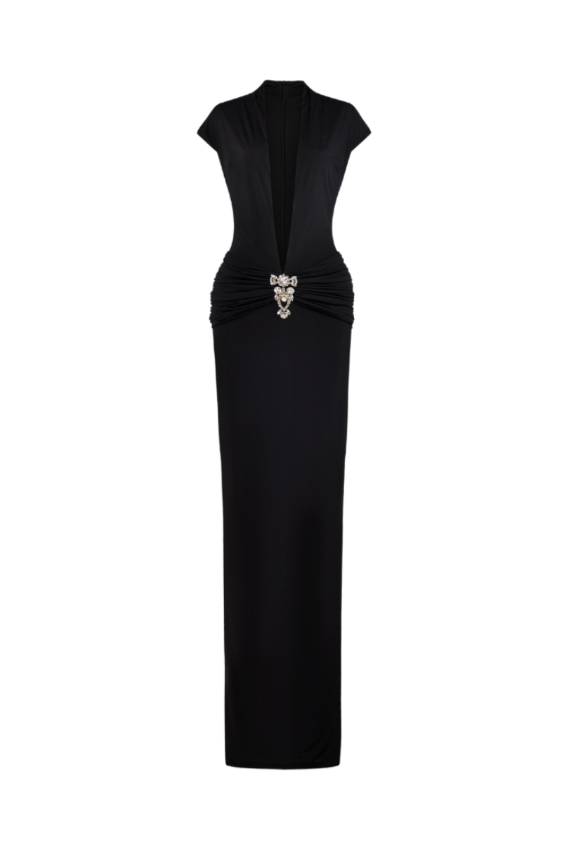 BLACK DEEP PLUNGE GOWN WITH BROOCH DETAIL - CULT MIA