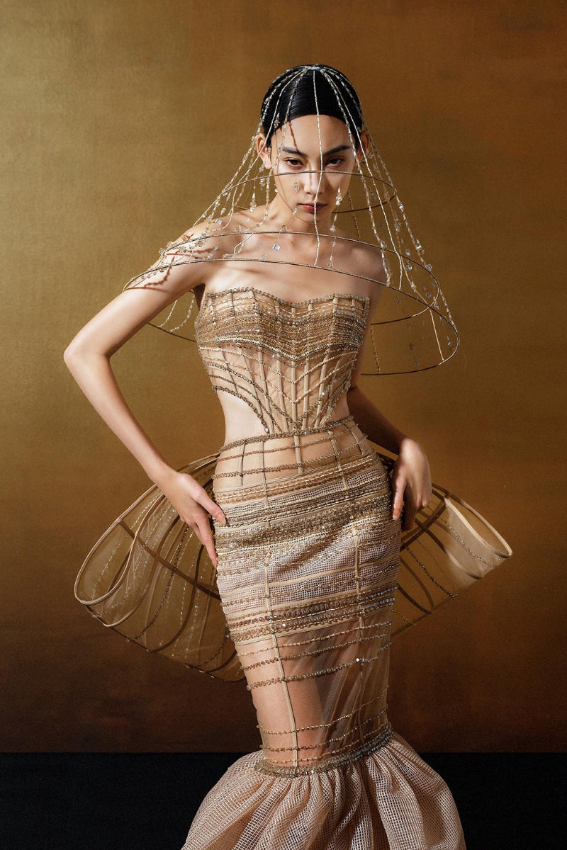 BEIGE CRYSTAL-EMBROIDERED TULLE MERMAID DRESS - CULT MIA