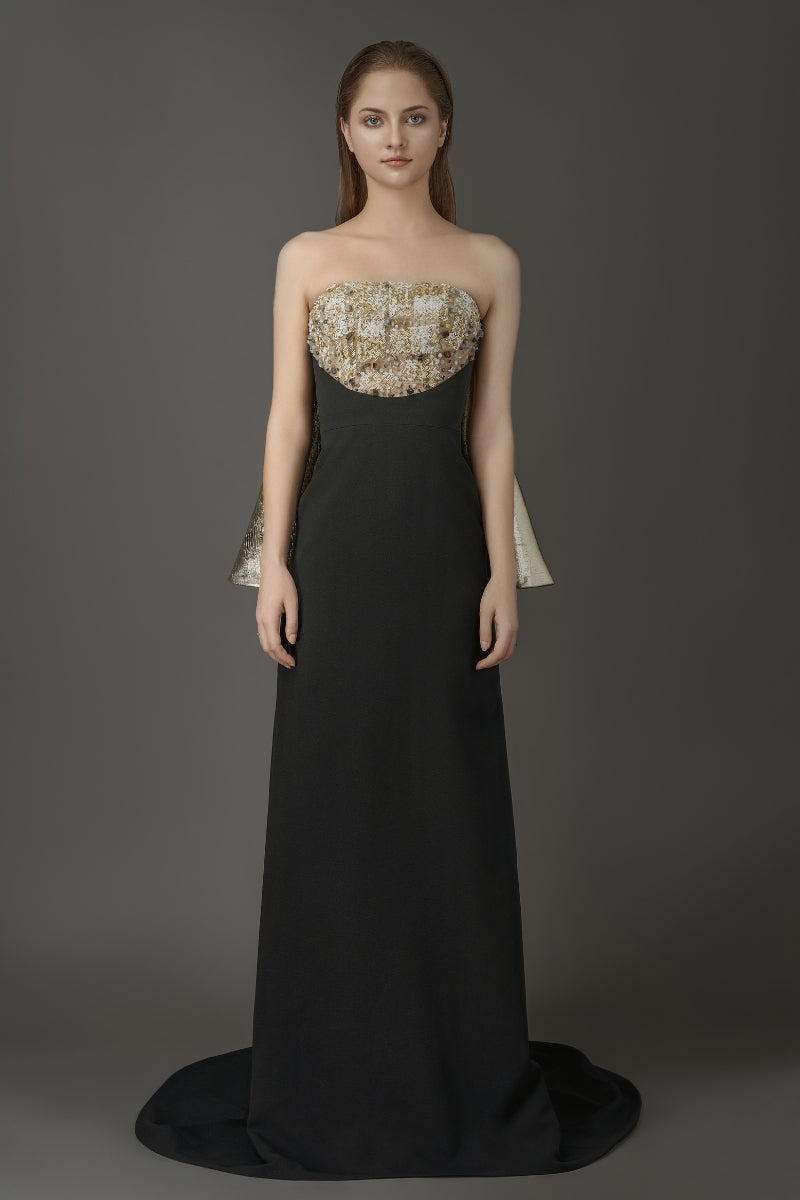 Phan Huy Black Maxi Dress with Crystal Embroidered and Gold Detachable Cape | Cult Mia Phan Huy Black Maxi Dress with Crystal Embroidered and Gold Detachable Cape | Cult Mia