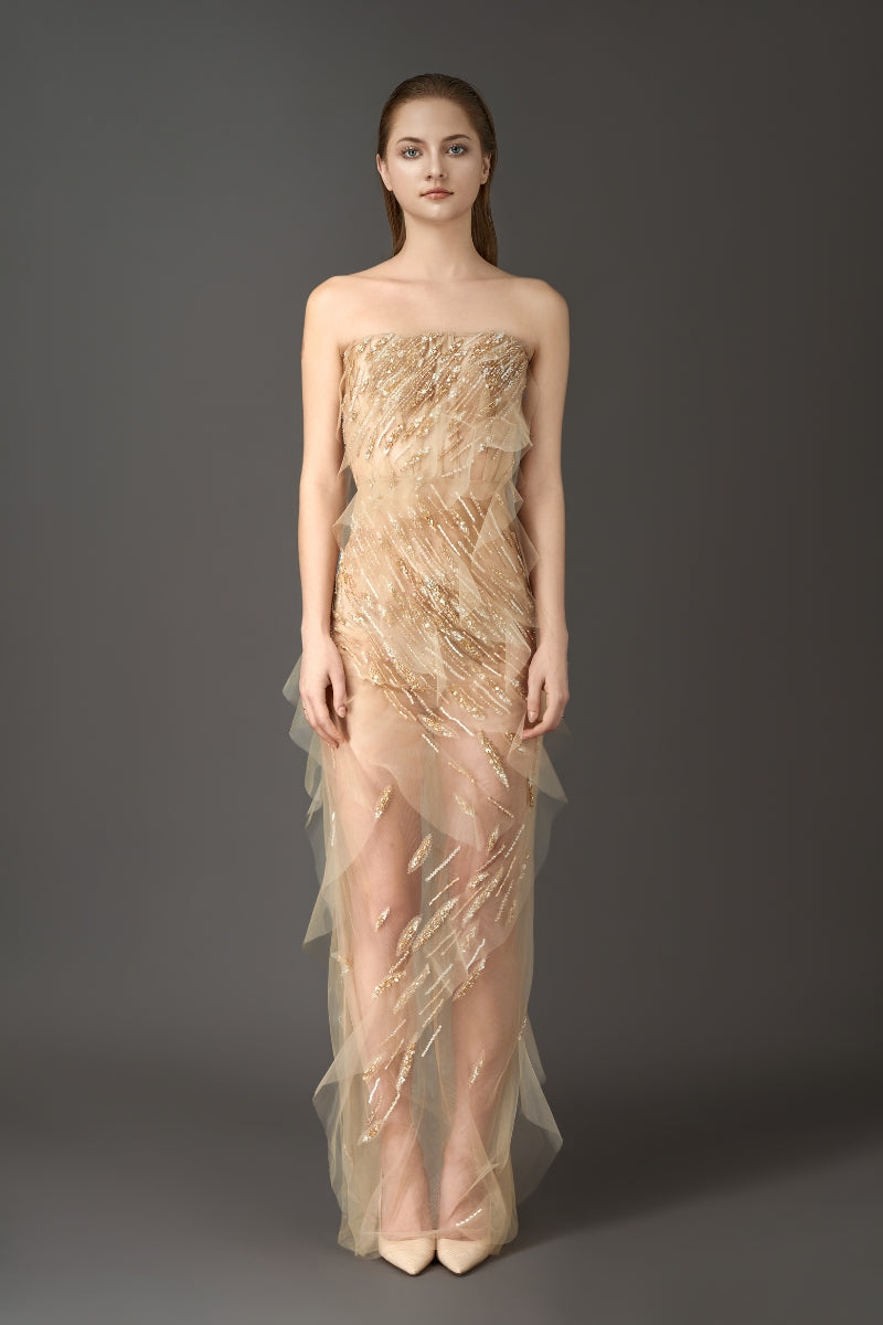SHEER NUDE SILK DRESS WITH EMBROIDERED - CULT MIA