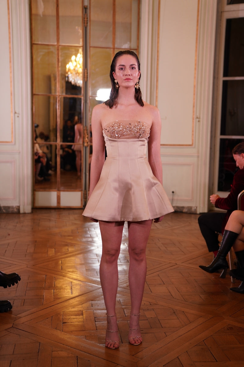 NUDE SHEER TULLE MINI DRESS WITH CRYSTAL EMBROIDERY - CULT MIA