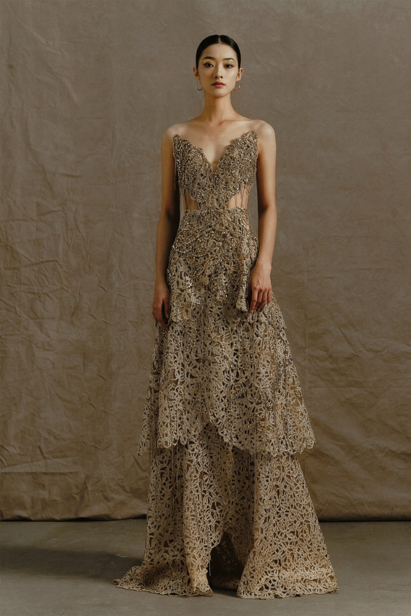 DEEP GOLD VNECK CORSET DRESS WITH METALLIC BEAD EMBROIDERY AND PLAYFUL FRINGES | CULT MIA | Phan Huy DEEP GOLD VNECK CORSET DRESS WITH METALLIC BEAD EMBROIDERY AND PLAYFUL FRINGES | CULT MIA | Phan Huy