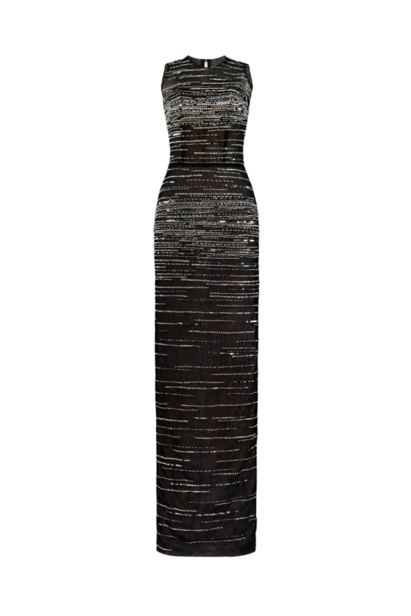 BLACK STRIPE BEADED GOWN - CULT MIA