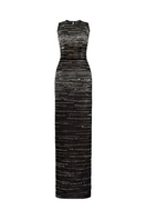 Black stripe beaded gown by CEM featuring intricate beadwork and elegant design, perfect for formal occasions.