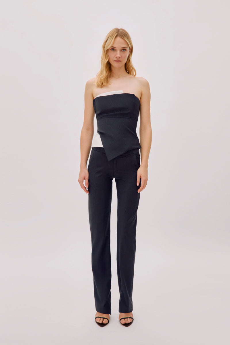 MIDNIGHT NAVY WOOL PINSTRIPE PANTS - CULT MIA