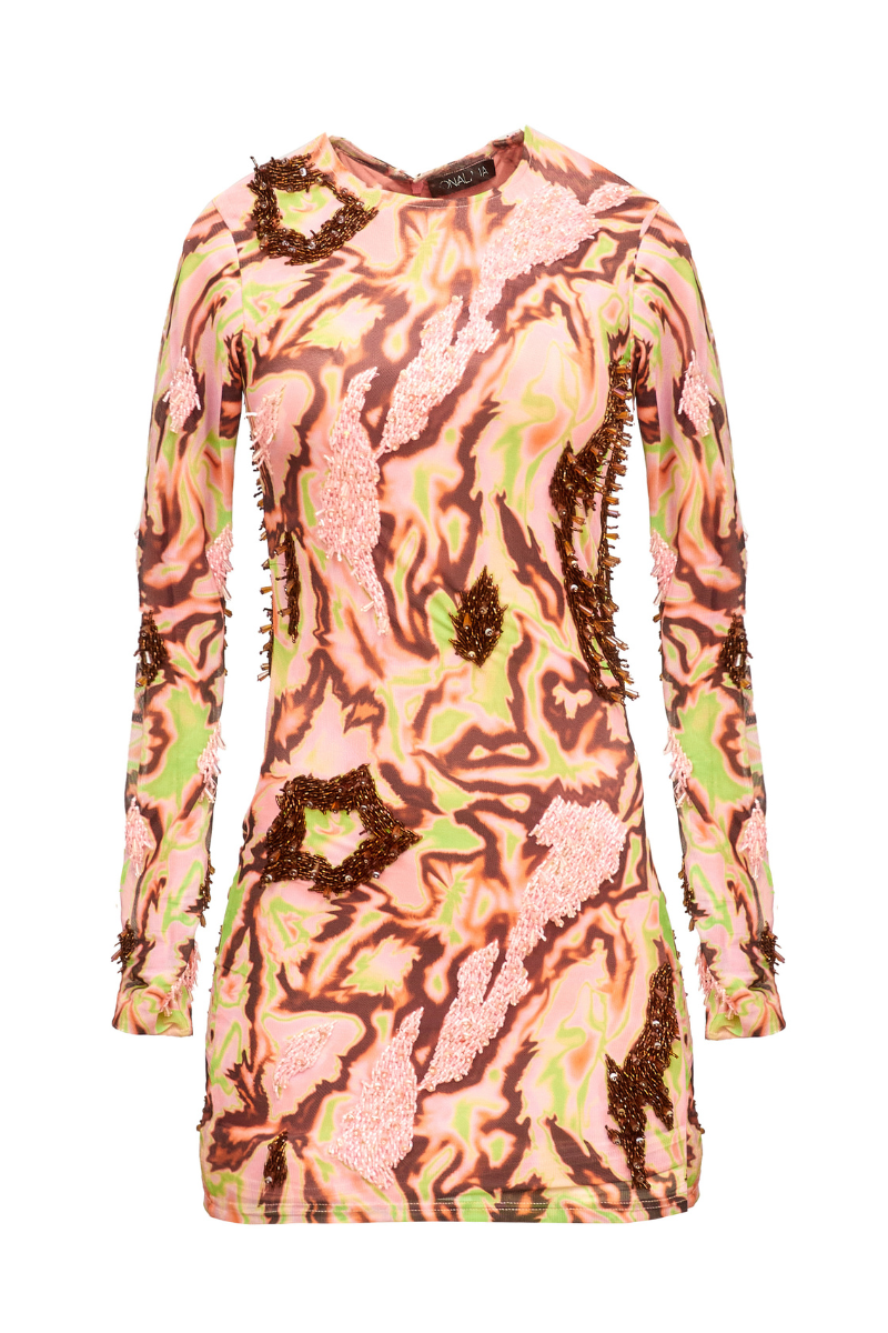 Onalaja Zusi mini dress in pink, sleeveless with a fitted silhouette, showcased on a mannequin.