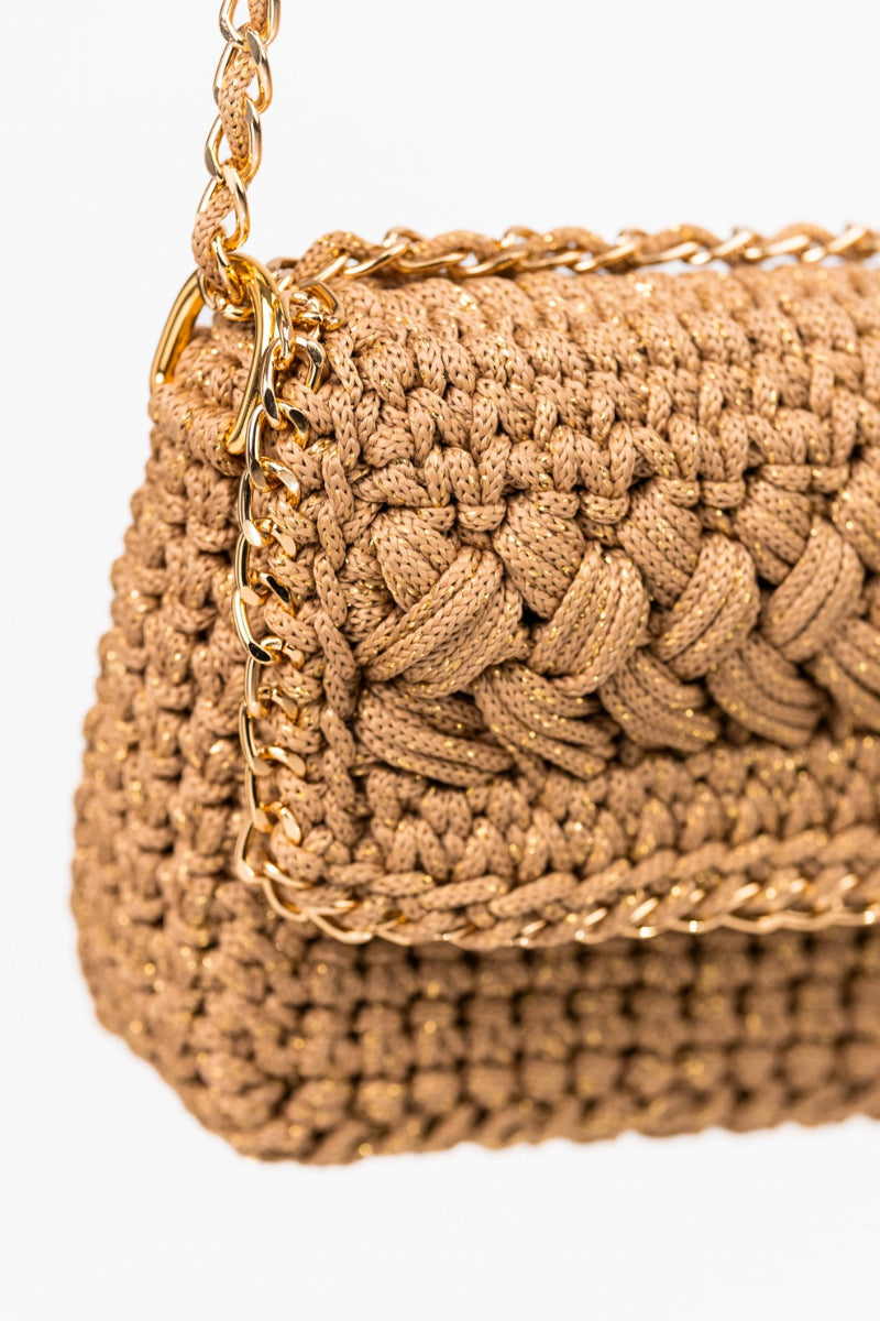 Mara Brazil Petala Lurex Bag with shoulder strap, featuring shiny gold and silver metallic fabric and elegant design.