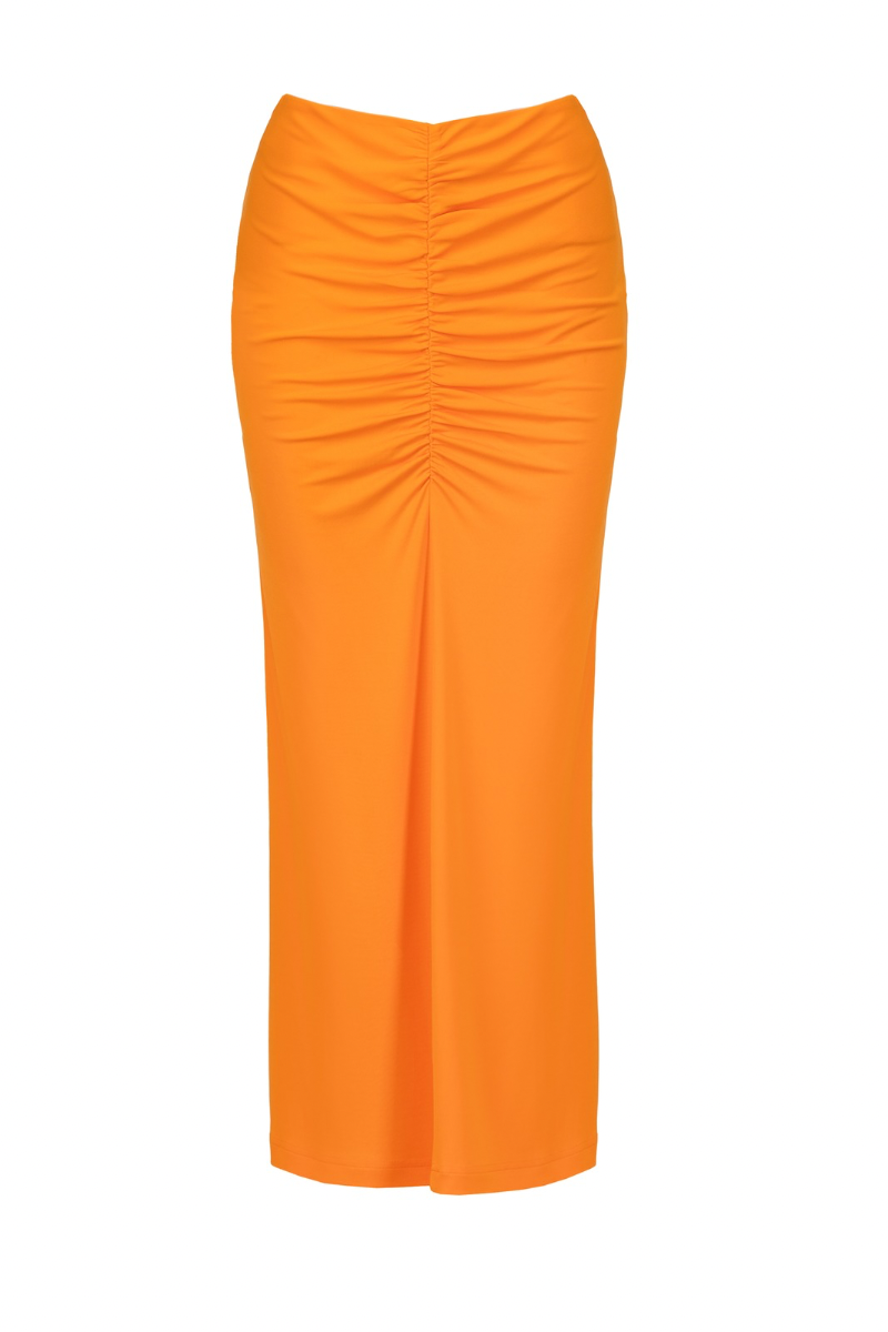 RUCHED MIDI SKIRT IN BRIGHT ORANGE - CULT MIA