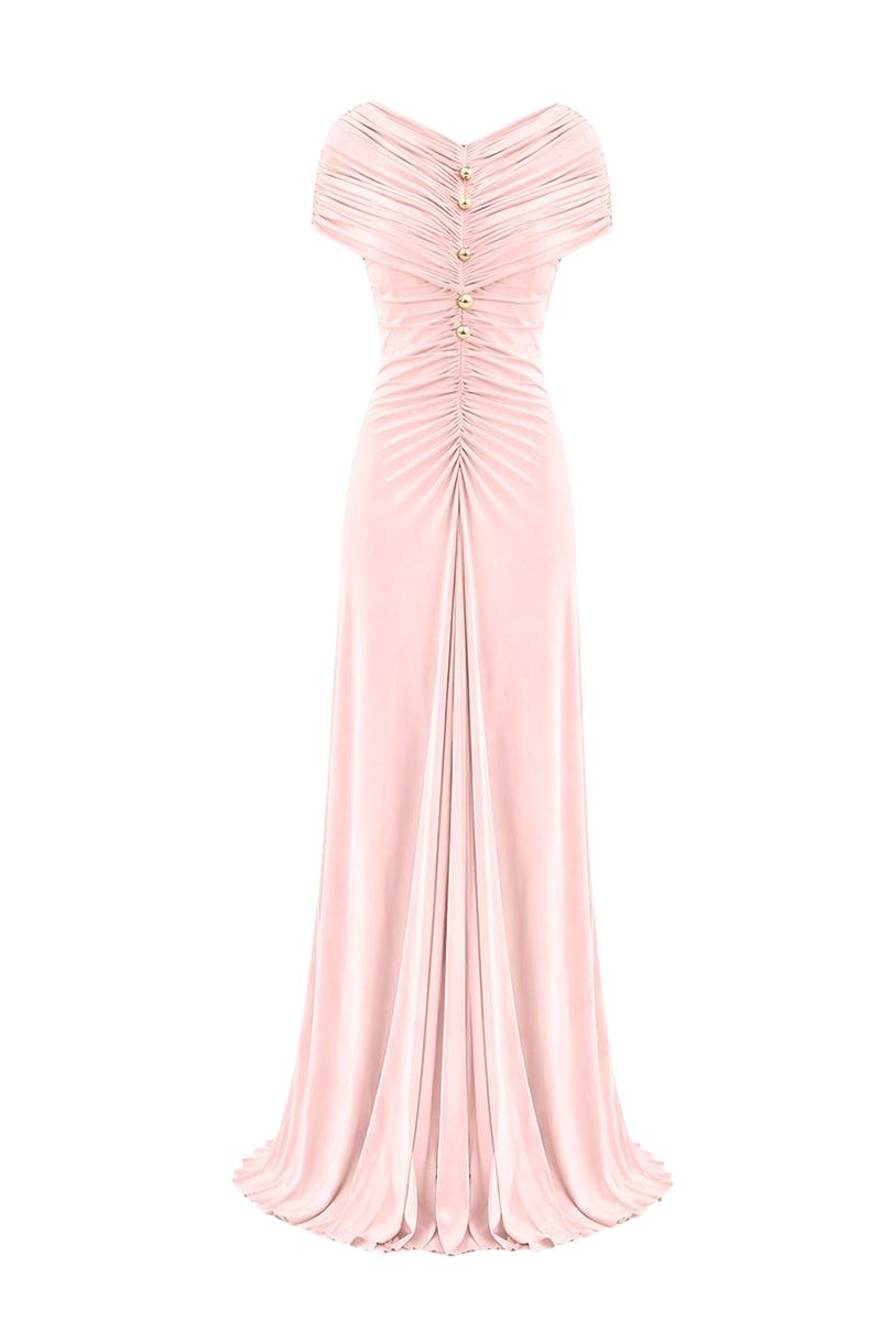 Gigii's Solita maxi dress in ballerina pink, flowing fabric with a stylish design, perfect for elegant occasions.