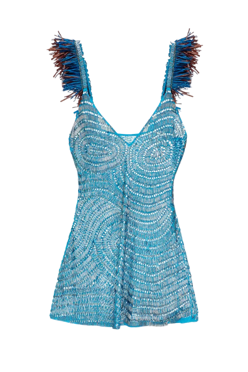 Blue AYAN mini dress by Onalaja, stylish short dress with a fitted silhouette and sleeveless design, displayed on a hanger.