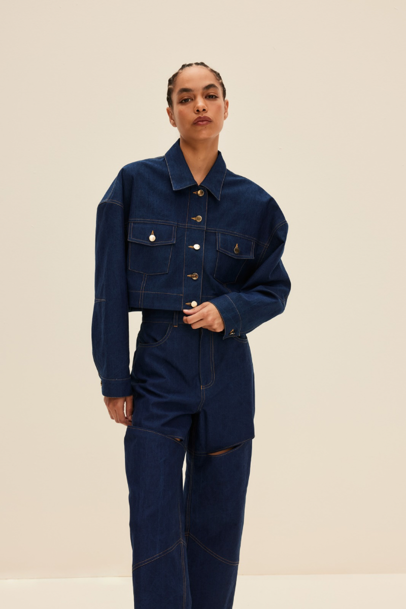 CROPPED DENIM JACKET IN DEEP BLUE - CULT MIA