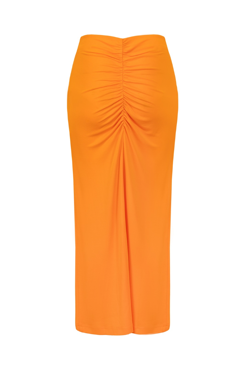 RUCHED MIDI SKIRT IN BRIGHT ORANGE - CULT MIA