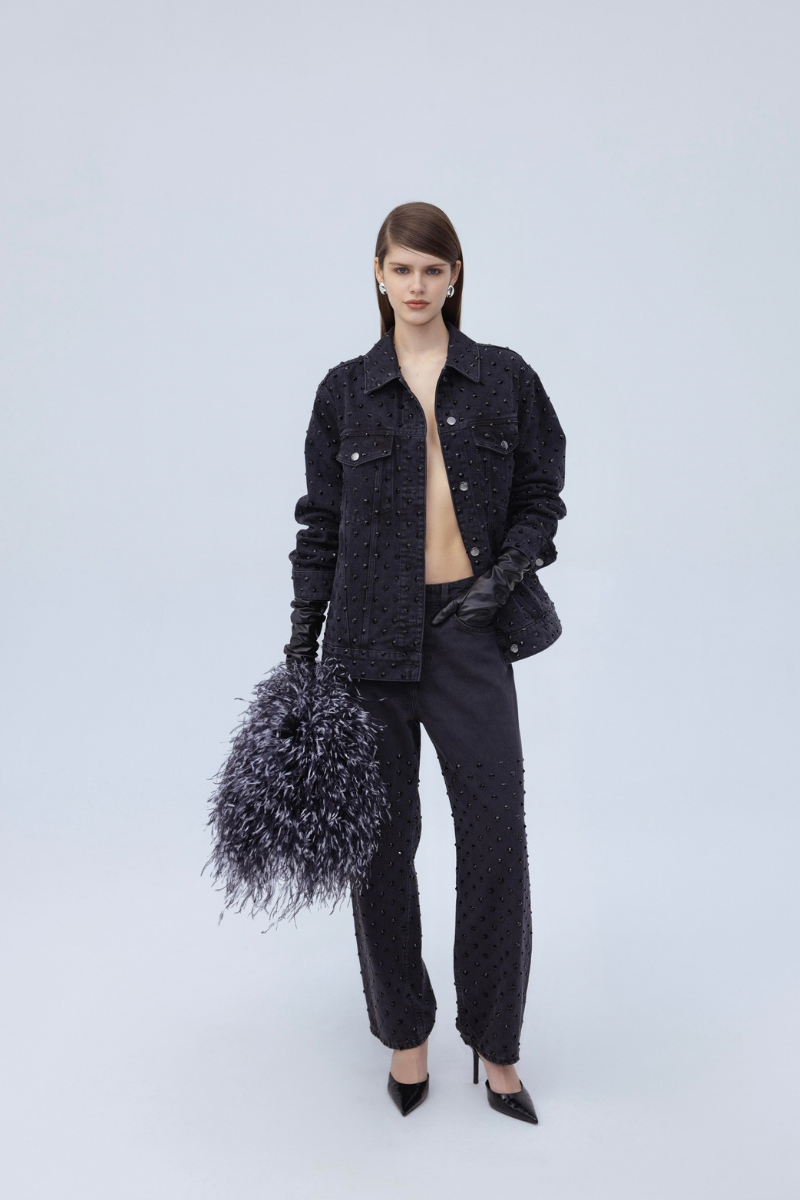 Santa Brands Diamante Jeans Jacket in Jade, stylish denim jacket with diamond embellishments, shown on a hanger.