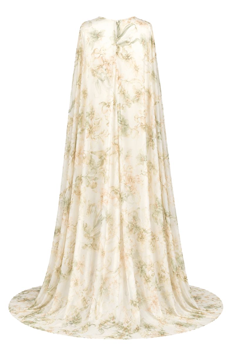 Gigii's ZETA floral maxi dress featuring a vibrant floral pattern and flowing fabric, perfect for elegant summer occasions.