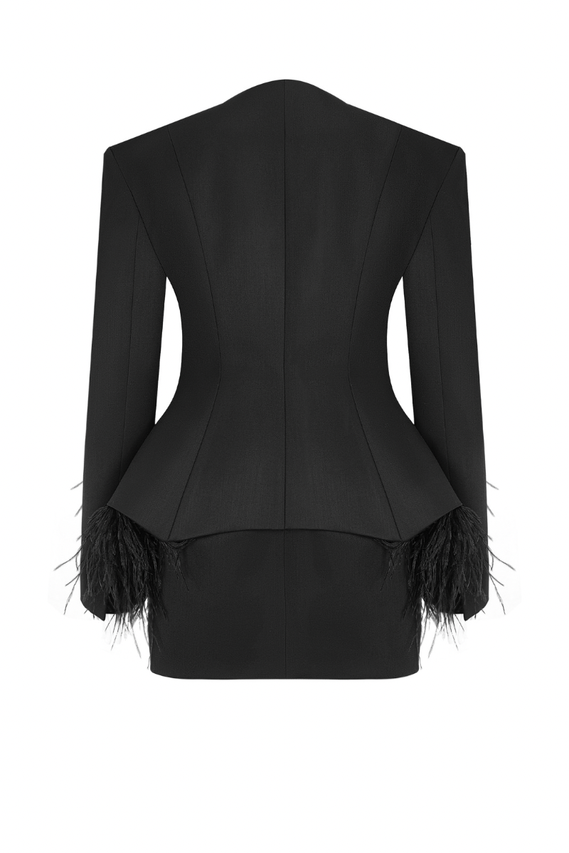 Santa Brands jade feather-basque jacket with stylish design, lightweight and cozy, perfect for elegant winter wear.