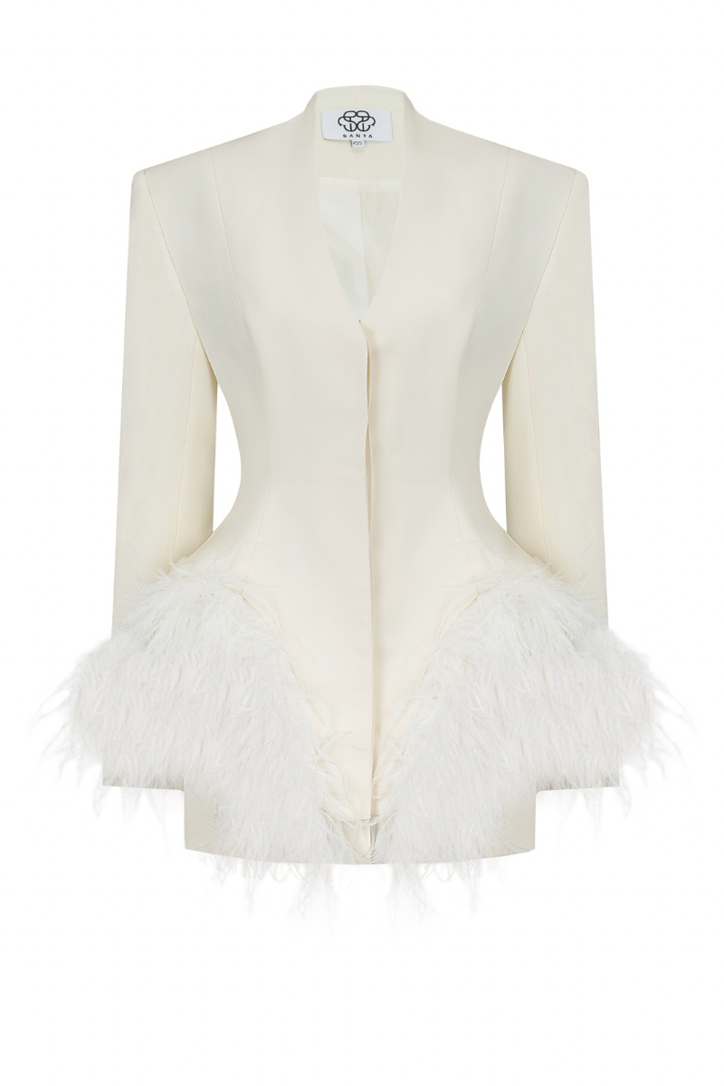 JACKET WITH FEATHER BASQUE IN IVORY